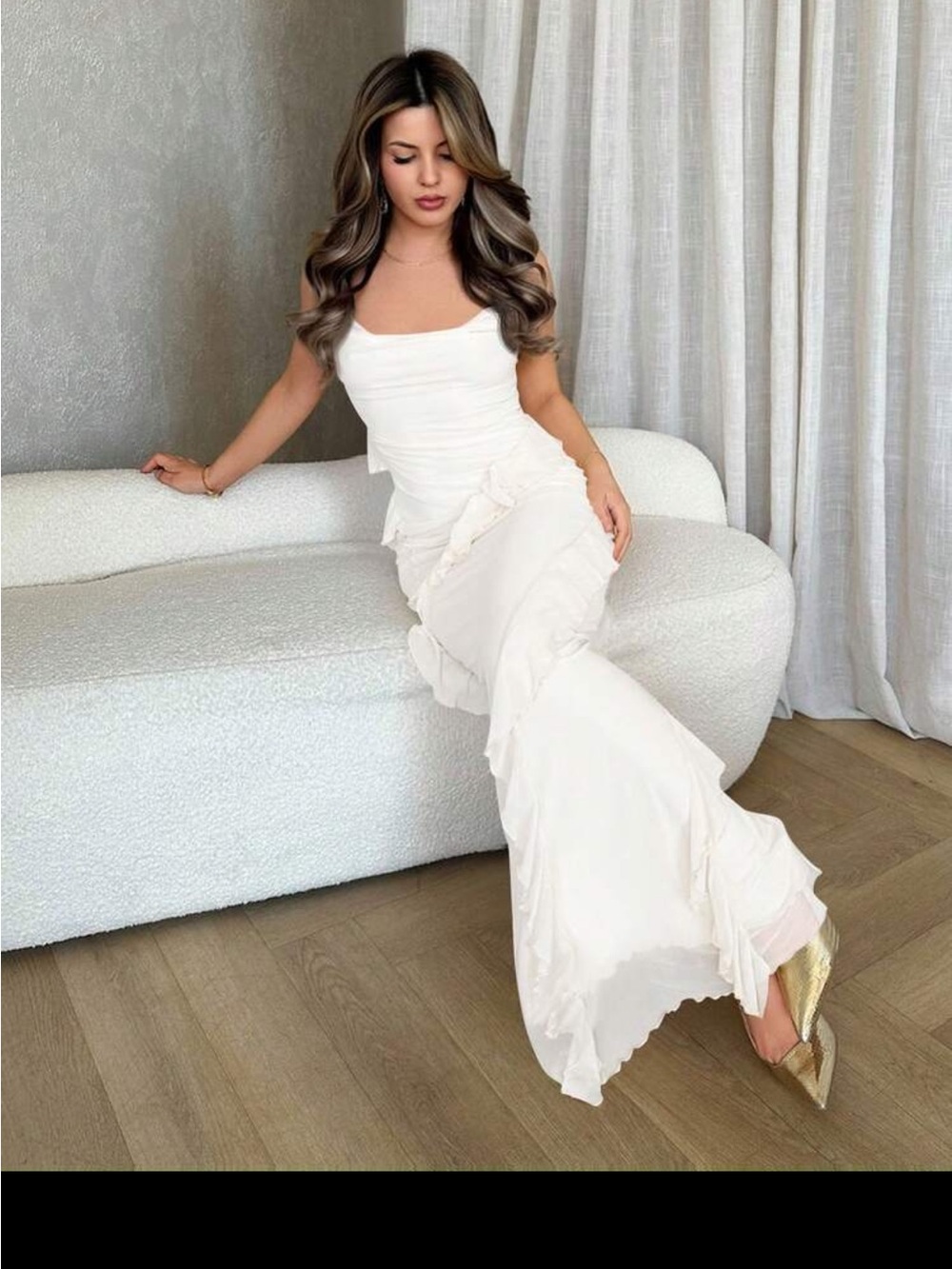 Womenโs White Ruffle Trim Maxi Dress